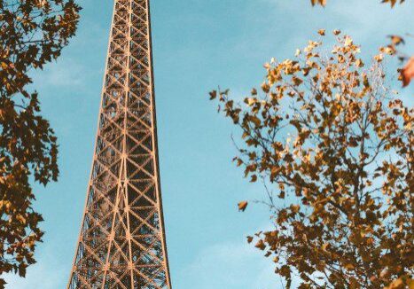 Eiffel Tower framed by autumn leaves.